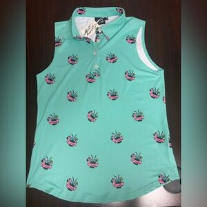 Sunday Swagger ladies golf tennis Sleeveless Polo with Flamingo Print nwt medium
